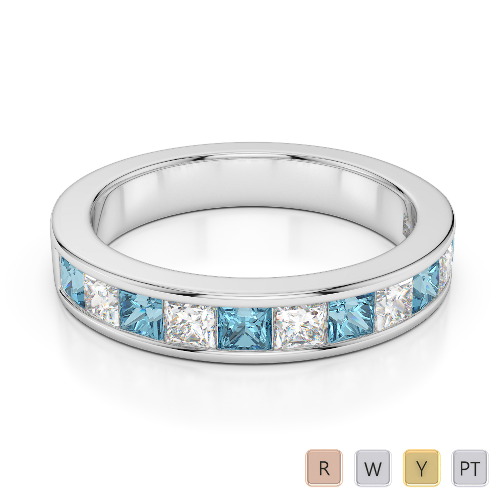 4 MM Gold / Platinum Princess Cut Aquamarine and Diamond Half Eternity Ring AGDR-1137