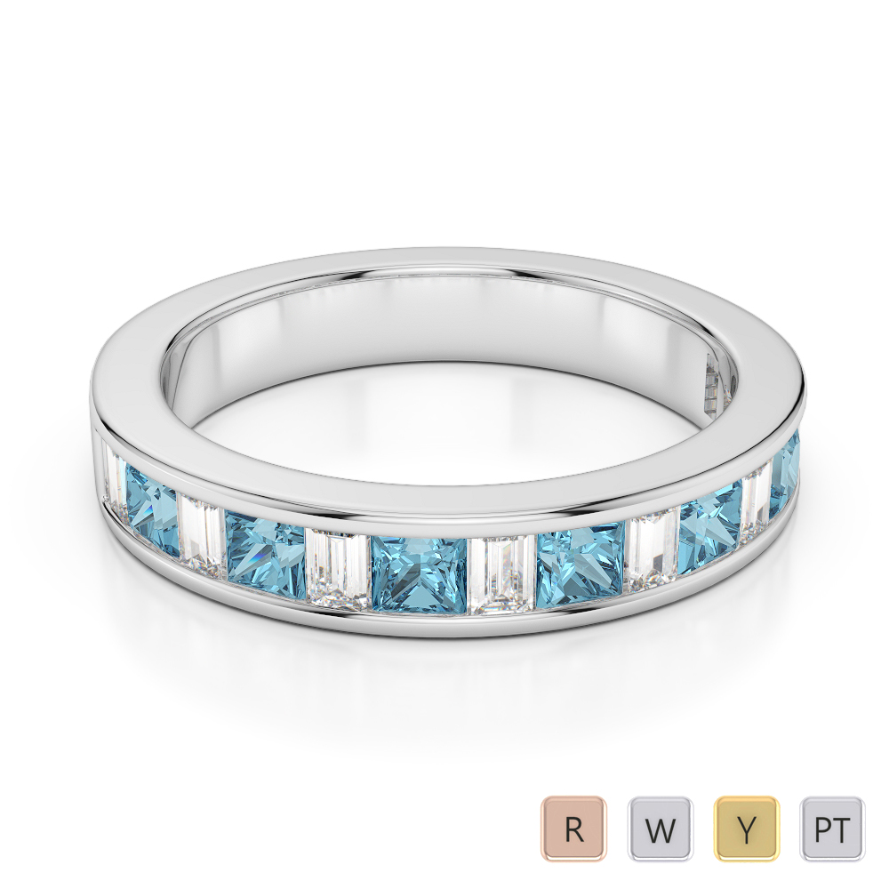4 MM Gold / Platinum Princess and Baguette Cut Aquamarine and Diamond Half Eternity Ring AGDR-1143