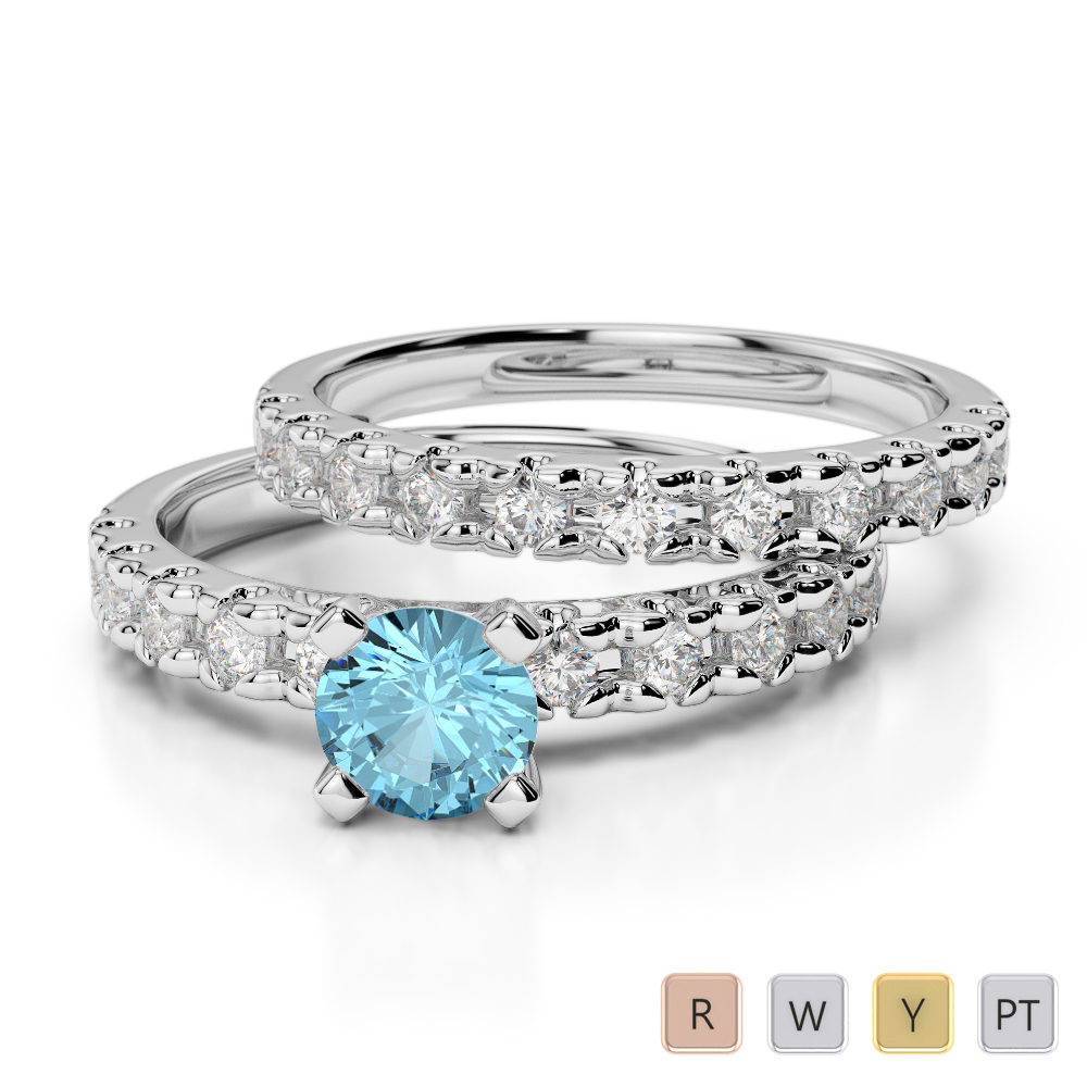 Gold / Platinum Round cut Aquamarine and Diamond Bridal Set Ring AGDR-1144