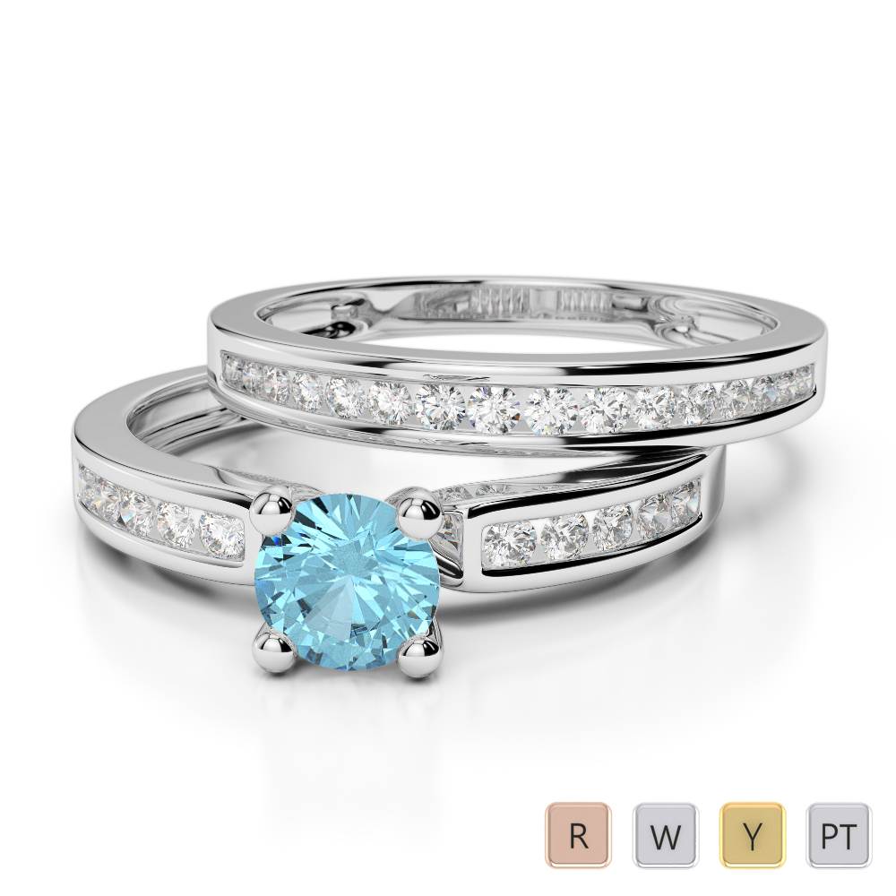 Gold / Platinum Round cut Aquamarine and Diamond Bridal Set Ring AGDR-1157