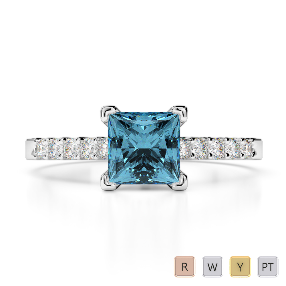 Gold / Platinum Round and Princess Cut Aquamarine and Diamond Engagement Ring AGDR-1210
