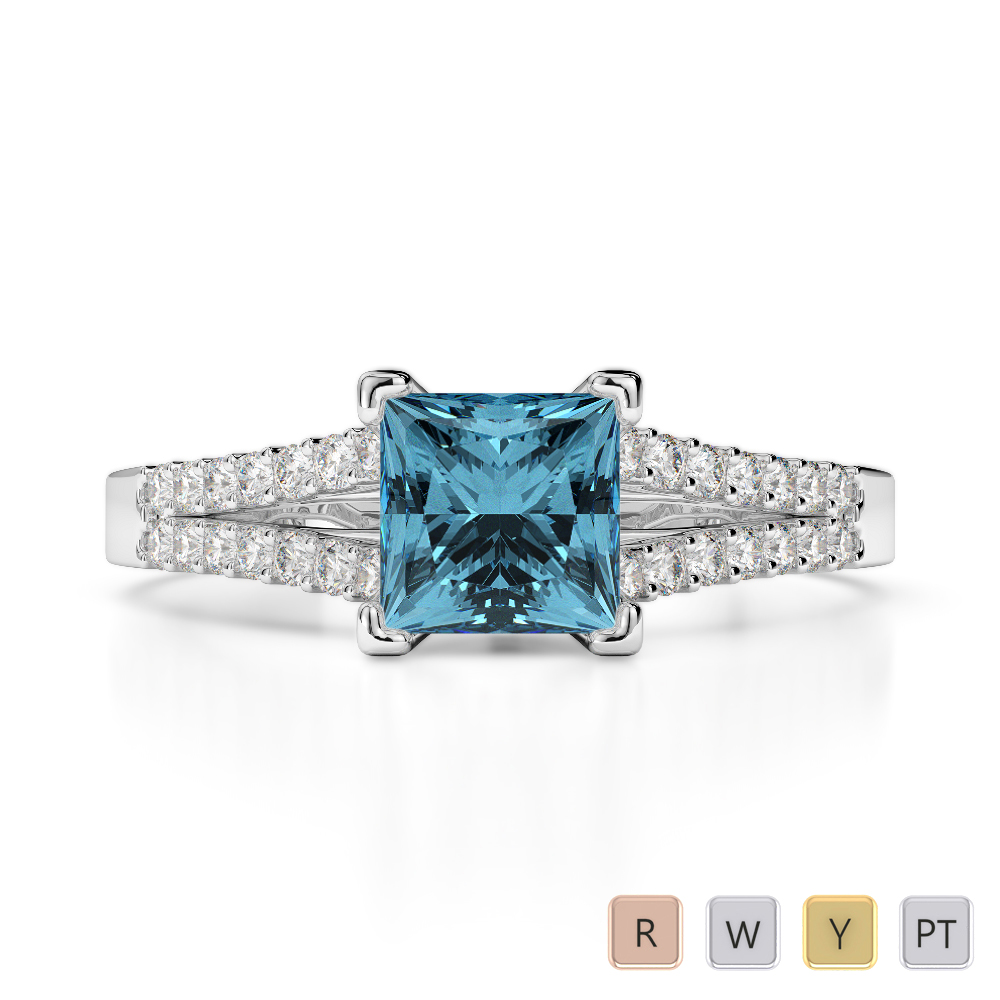 Gold / Platinum Round and Princess Cut Aquamarine and Diamond Engagement Ring AGDR-1211