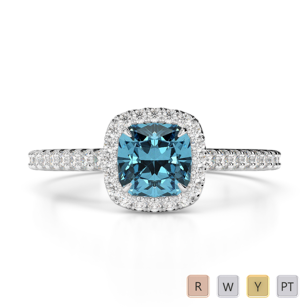 Gold / Platinum Round and Cushion Cut Aquamarine and Diamond Engagement Ring AGDR-1212
