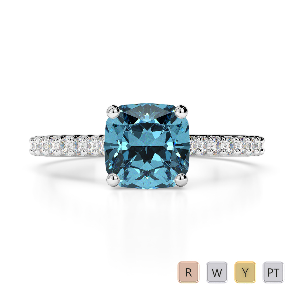 Gold / Platinum Round and Cushion Cut Aquamarine and Diamond Engagement Ring AGDR-1216