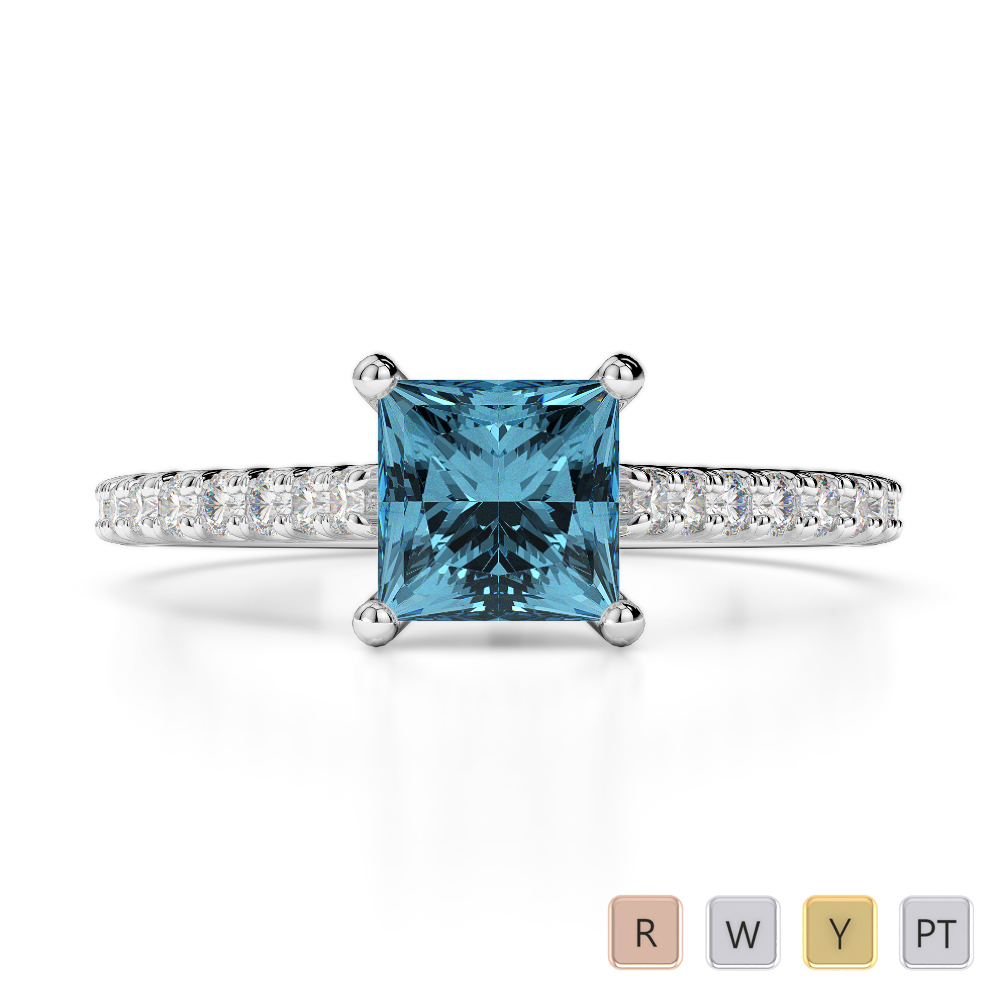 Gold / Platinum Round and Princess Cut Aquamarine and Diamond Engagement Ring AGDR-1217