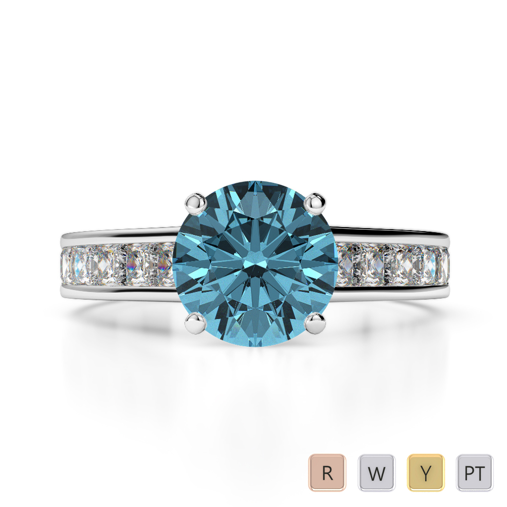 Gold / Platinum Round and Princess Cut Aquamarine and Diamond Engagement Ring AGDR-1224