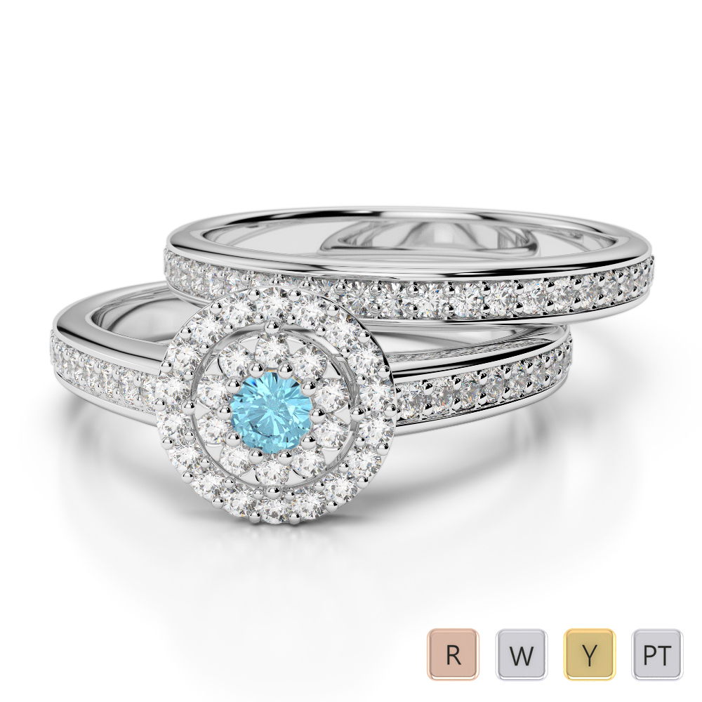 Gold / Platinum Round cut Aquamarine and Diamond Bridal Set Ring AGDR-1239