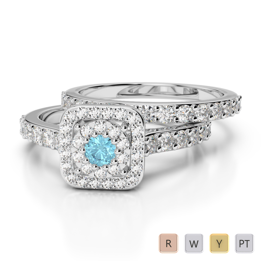 Gold / Platinum Round cut Aquamarine and Diamond Bridal Set Ring AGDR-1246