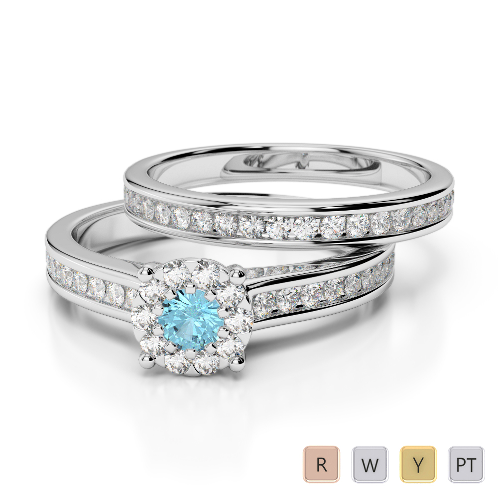 Gold / Platinum Round cut Aquamarine and Diamond Bridal Set Ring AGDR-1339