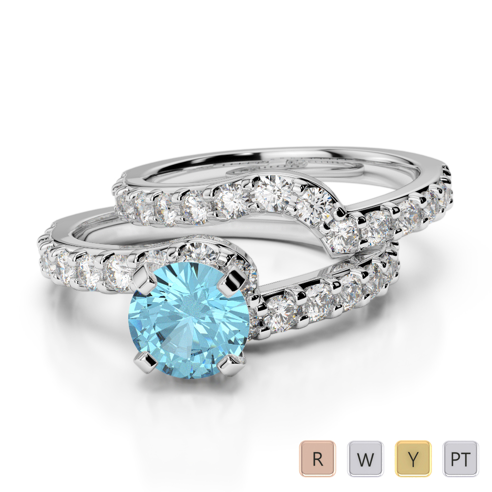 Gold / Platinum Round cut Aquamarine and Diamond Bridal Set Ring AGDR-2003