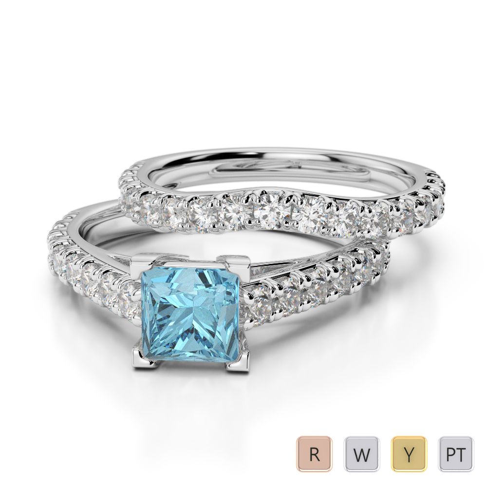 Gold / Platinum Round and Princess cut Aquamarine and Diamond Bridal Set Ring AGDR-2007