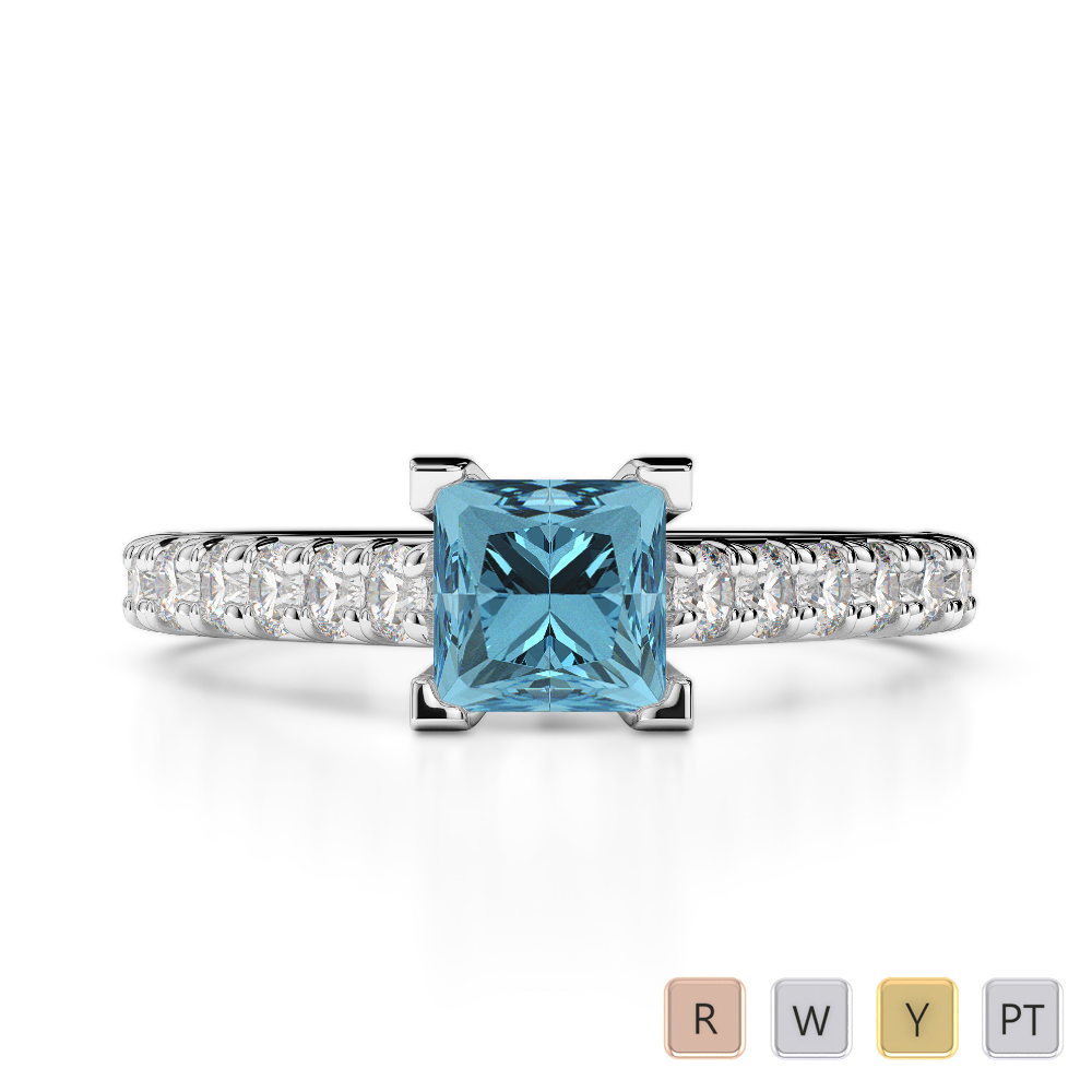 Gold / Platinum Round and Princess Cut Aquamarine and Diamond Engagement Ring AGDR-2008