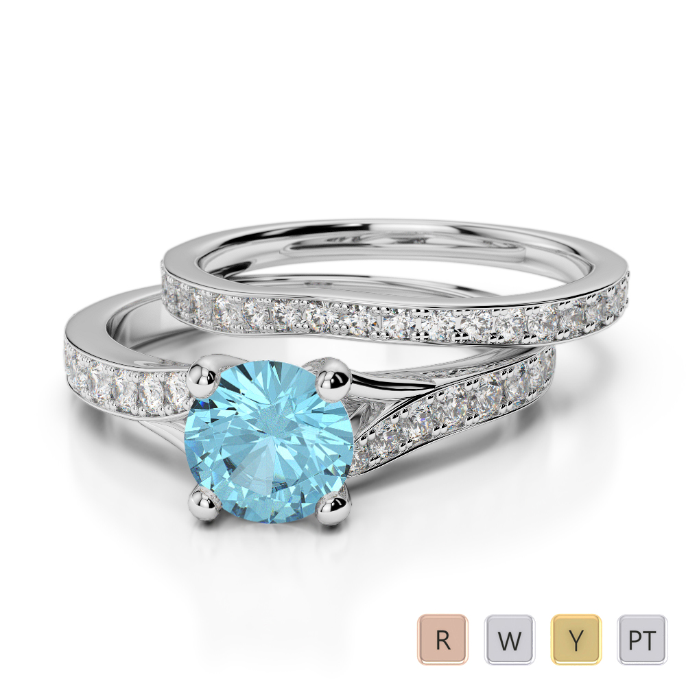 Gold / Platinum Round cut Aquamarine and Diamond Bridal Set Ring AGDR-2011