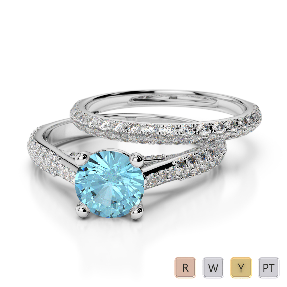 Gold / Platinum Round cut Aquamarine and Diamond Bridal Set Ring AGDR-2013