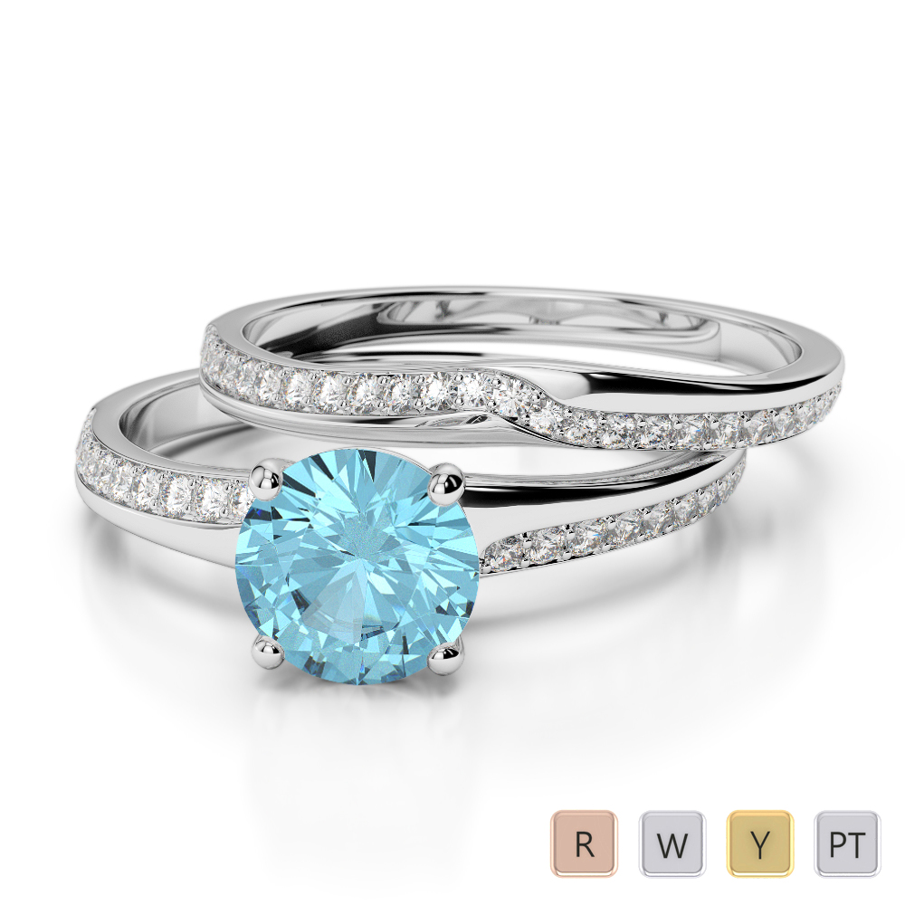 Gold / Platinum Round cut Aquamarine and Diamond Bridal Set Ring AGDR-2015