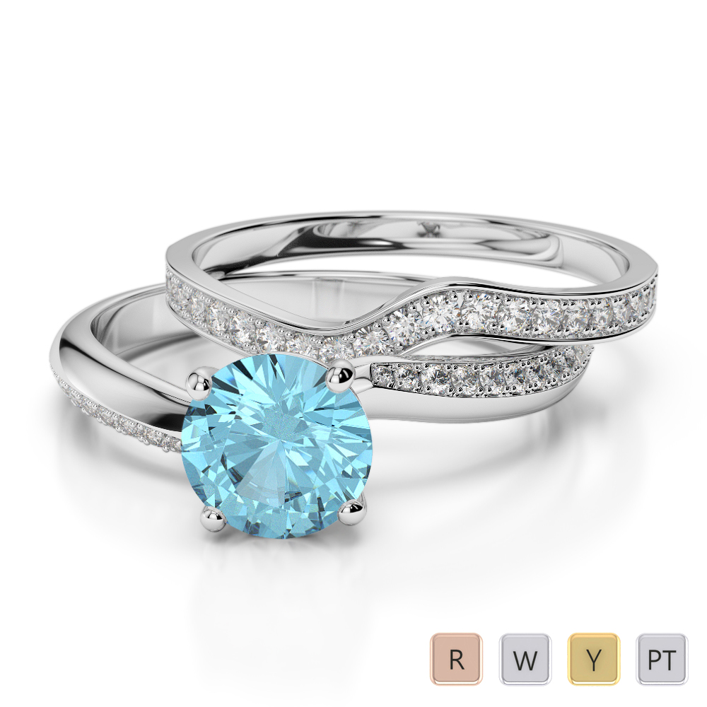 Gold / Platinum Round cut Aquamarine and Diamond Bridal Set Ring AGDR-2017