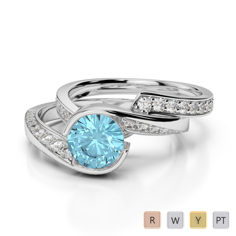 Gold / Platinum Round cut Aquamarine and Diamond Bridal Set Ring AGDR-2019