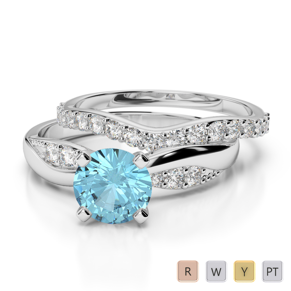 Gold / Platinum Round cut Aquamarine and Diamond Bridal Set Ring AGDR-2023