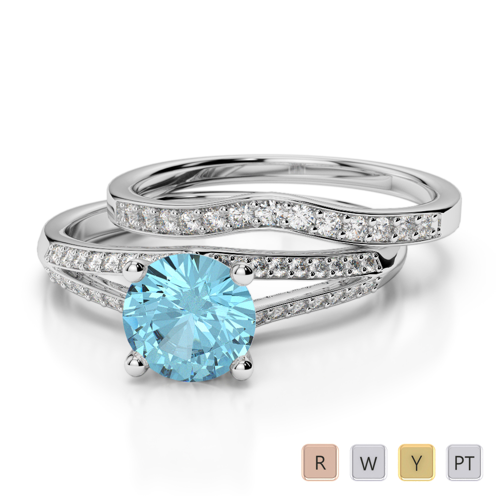 Gold / Platinum Round cut Aquamarine and Diamond Bridal Set Ring AGDR-2037