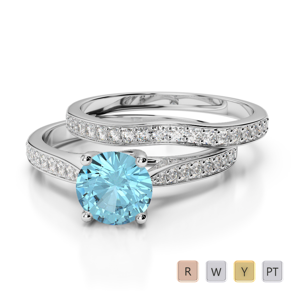 Gold / Platinum Round cut Aquamarine and Diamond Bridal Set Ring AGDR-2053