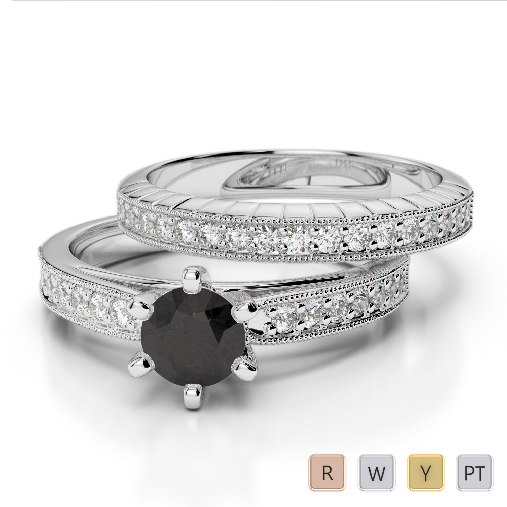 Gold / Platinum Round cut Black Diamond with Diamond Bridal Set Ring AGDR-1154