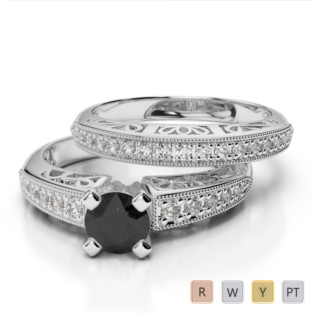 Gold / Platinum Round cut Black Diamond with Diamond Bridal Set Ring AGDR-1160