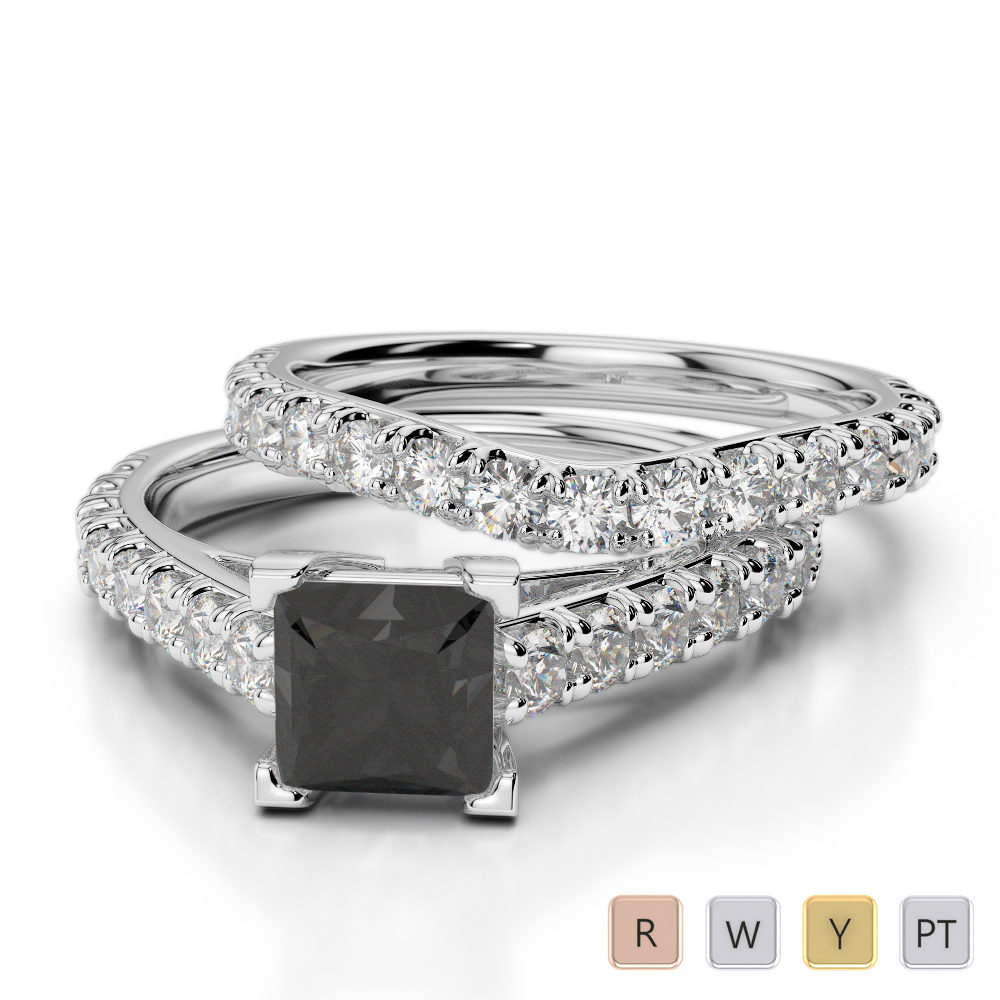 Gold / Platinum Round and Princess cut Black Diamond with Diamond Bridal Set Ring AGDR-2007