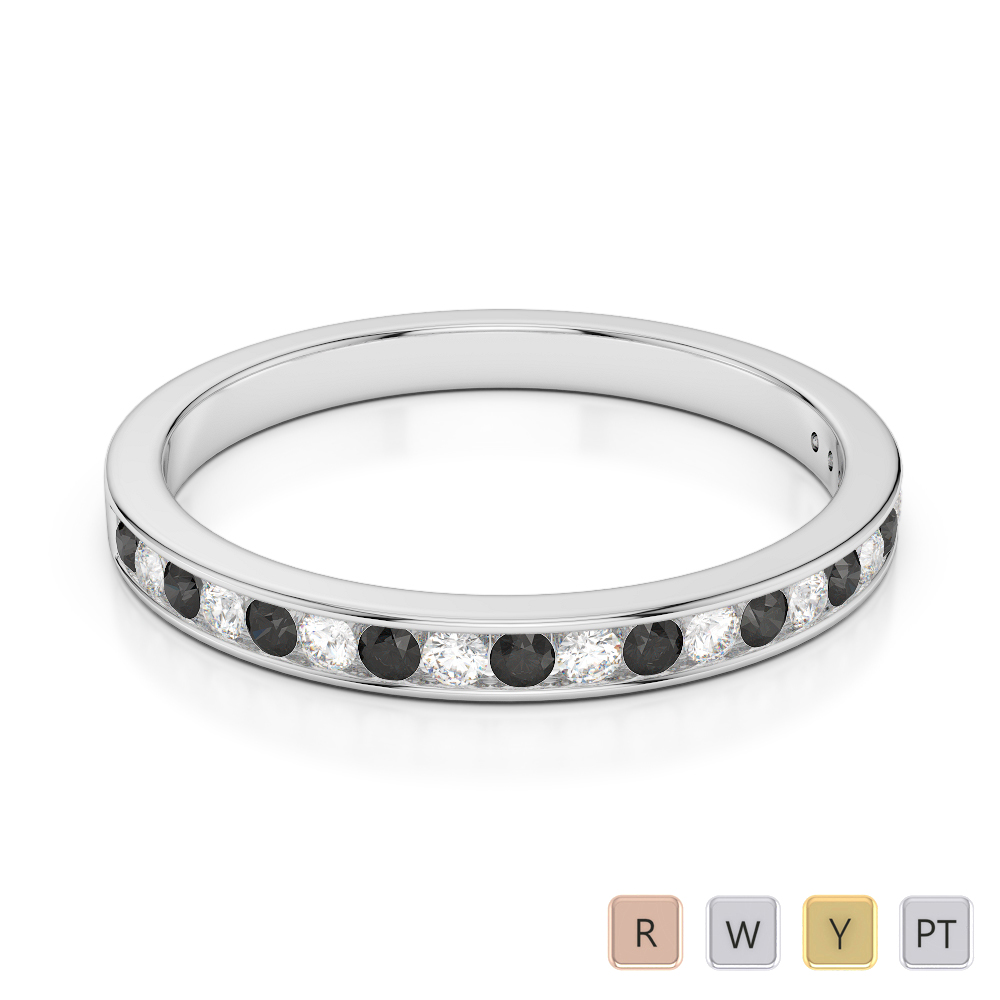 2.5 MM Gold / Platinum Round Cut Black Diamond with Diamond Half Eternity Ring AGDR-1089