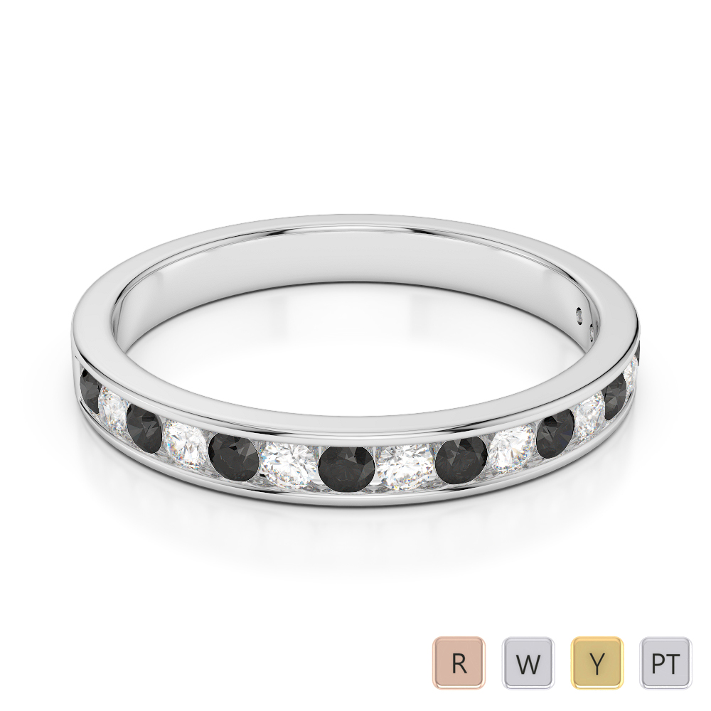 3 MM Gold / Platinum Round Cut Black Diamond with Diamond Half Eternity Ring AGDR-1090