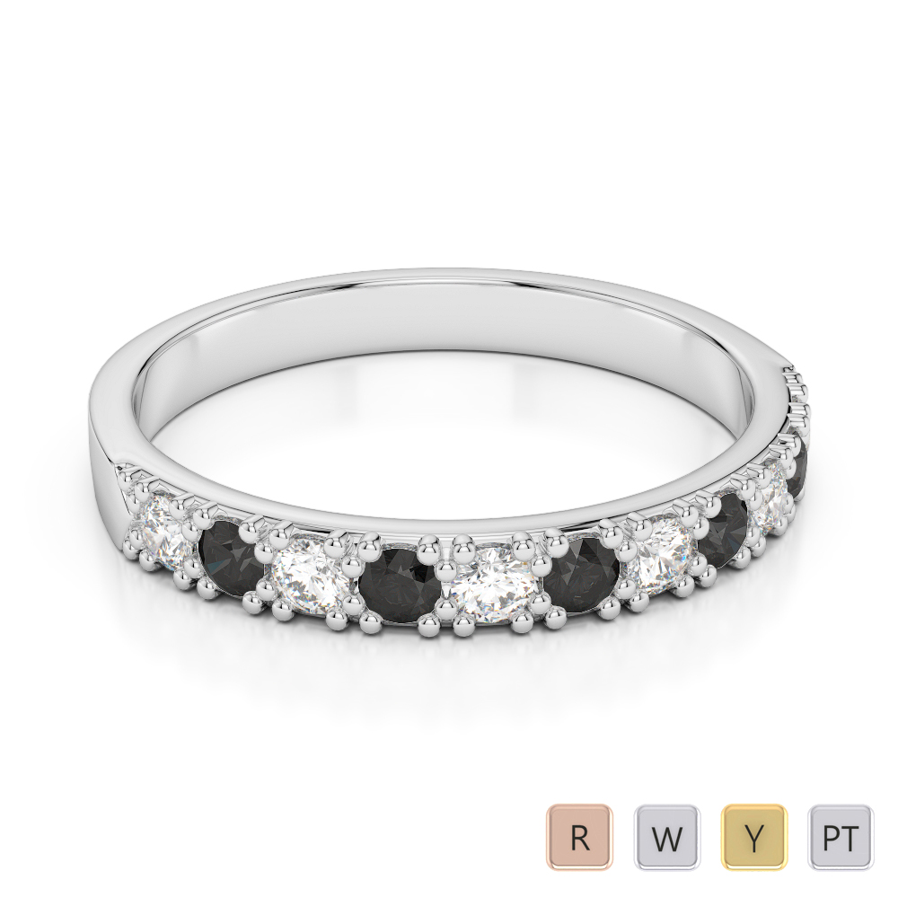 3 MM Gold / Platinum Round Cut Black Diamond with Diamond Half Eternity Ring AGDR-1130