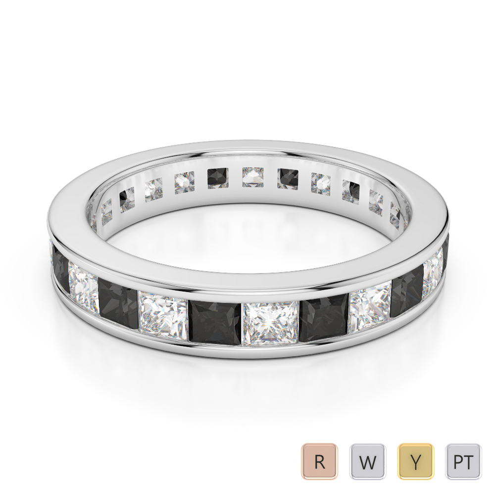 4 MM Gold / Platinum Princess Cut Black Diamond with Diamond Full Eternity Ring AGDR-1134