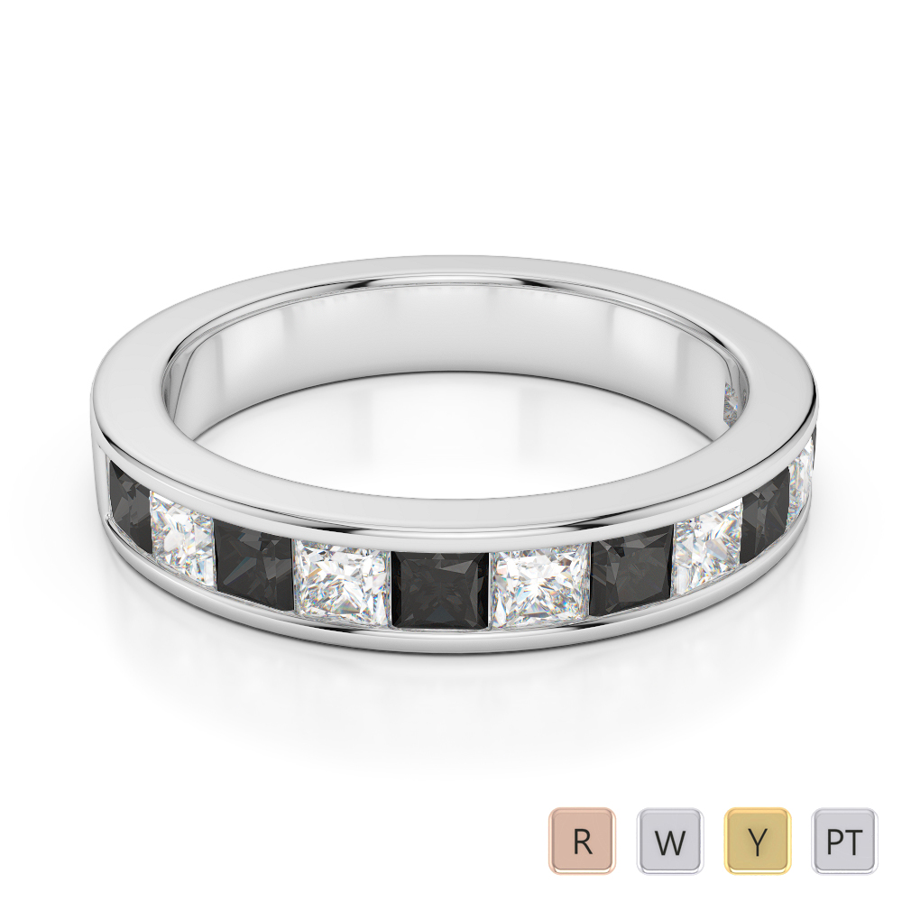 4 MM Gold / Platinum Princess Cut Black Diamond with Diamond Half Eternity Ring AGDR-1137