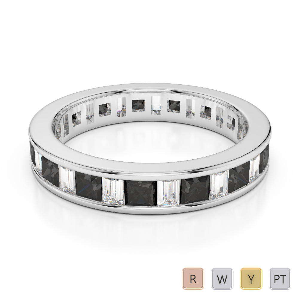 4 MM Gold / Platinum Princess and Baguette Cut Black Diamond with Diamond Full Eternity Ring AGDR-1141
