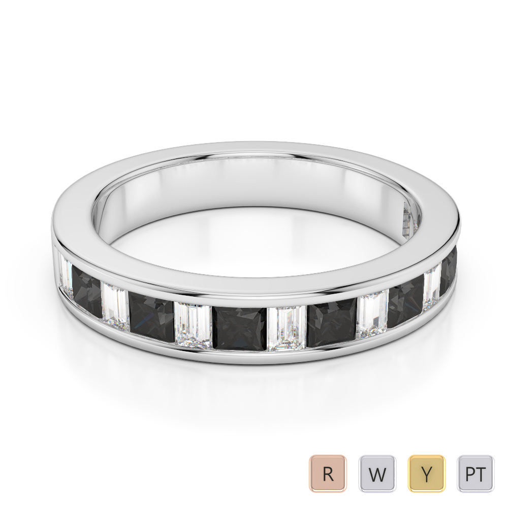 4 MM Gold / Platinum Princess and Baguette Cut Black Diamond with Diamond Half Eternity Ring AGDR-1143