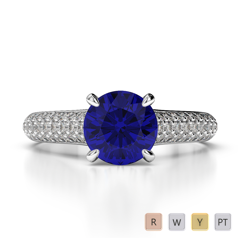 Round Lab Blue Sapphire and Diamond Engagement Ring in Gold / Platinum
