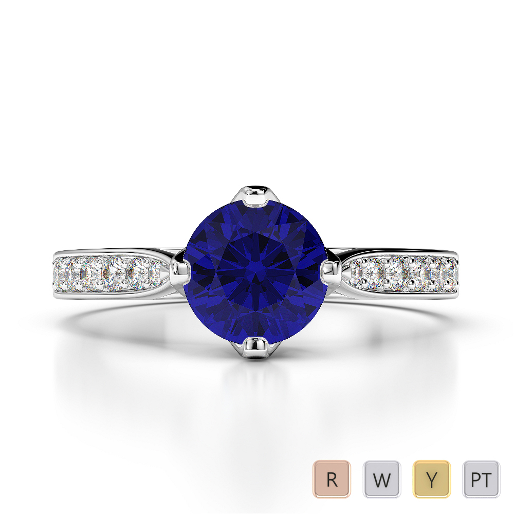 Round Lab Blue Sapphire and Diamond Engagement Ring in Gold / Platinum