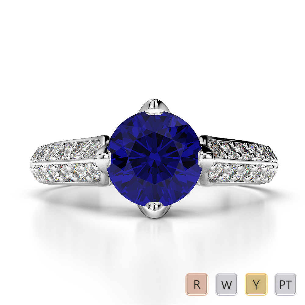 Round Lab Blue Sapphire and Diamond Engagement Ring in Gold / Platinum