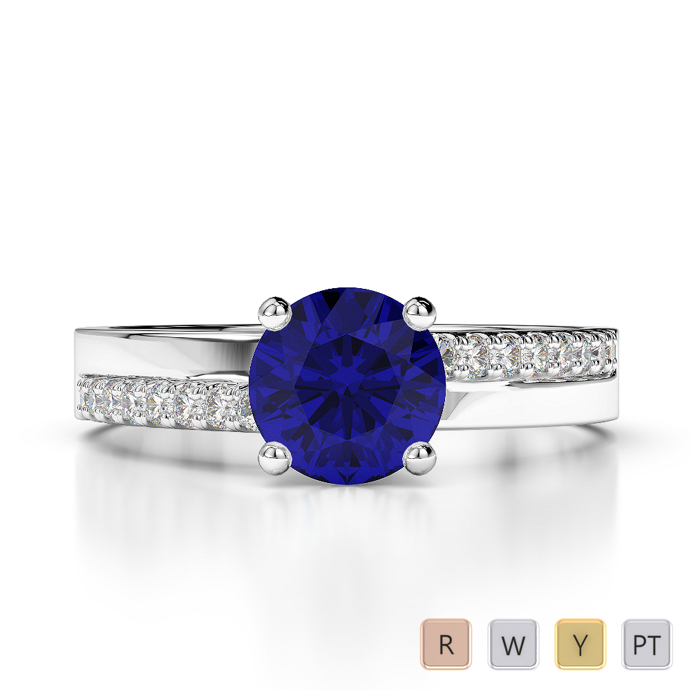 Round Lab Blue Sapphire and Diamond Engagement Ring in Gold / Platinum