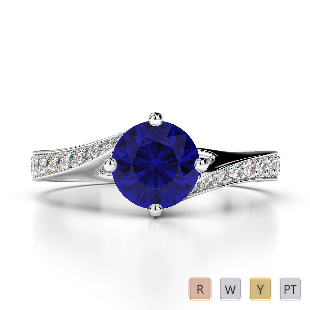 Round Lab Blue Sapphire and Diamond Engagement Ring in Gold / Platinum