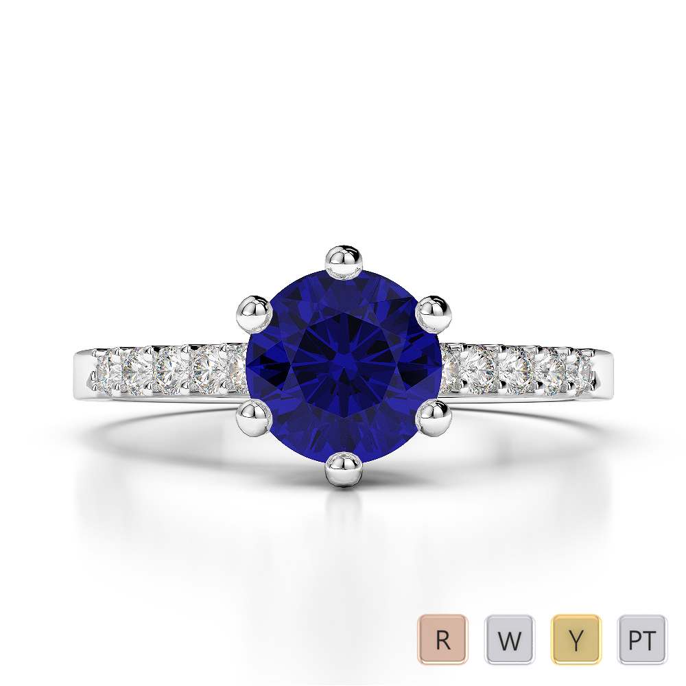 Round Lab Blue Sapphire and Diamond Engagement Ring in Gold / Platinum
