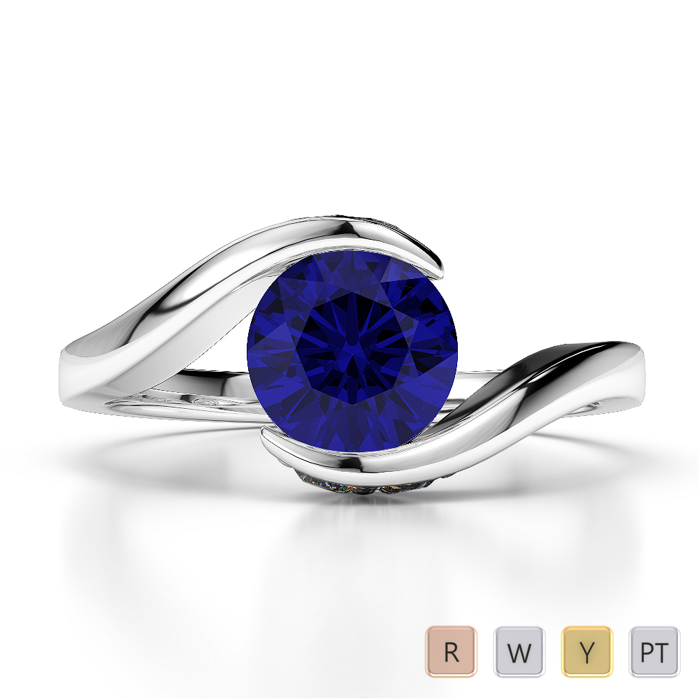 Round Lab Blue Sapphire and Diamond Engagement Ring in Gold / Platinum