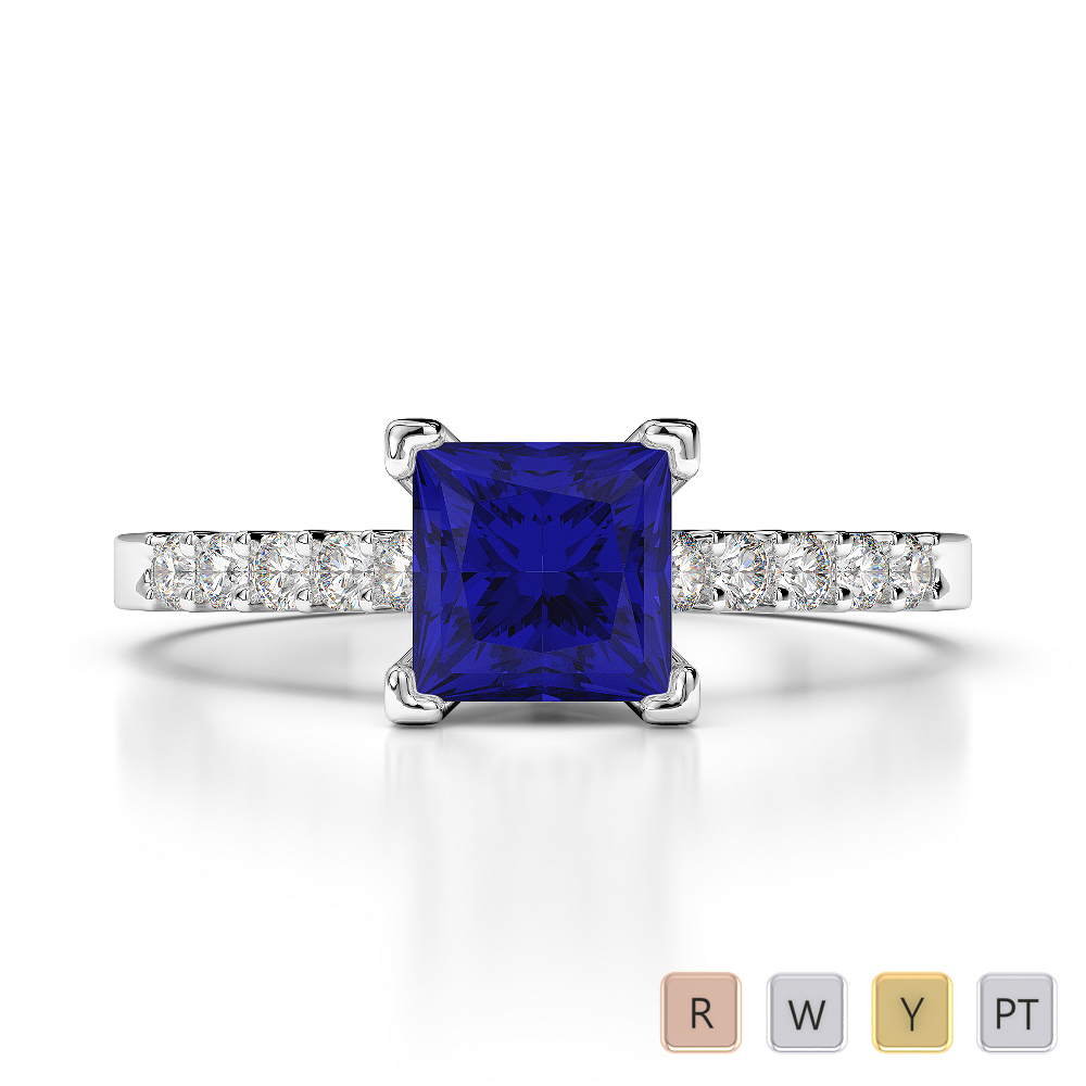Princess Lab Blue Sapphire and Diamond Engagement Ring in Gold / Platinum