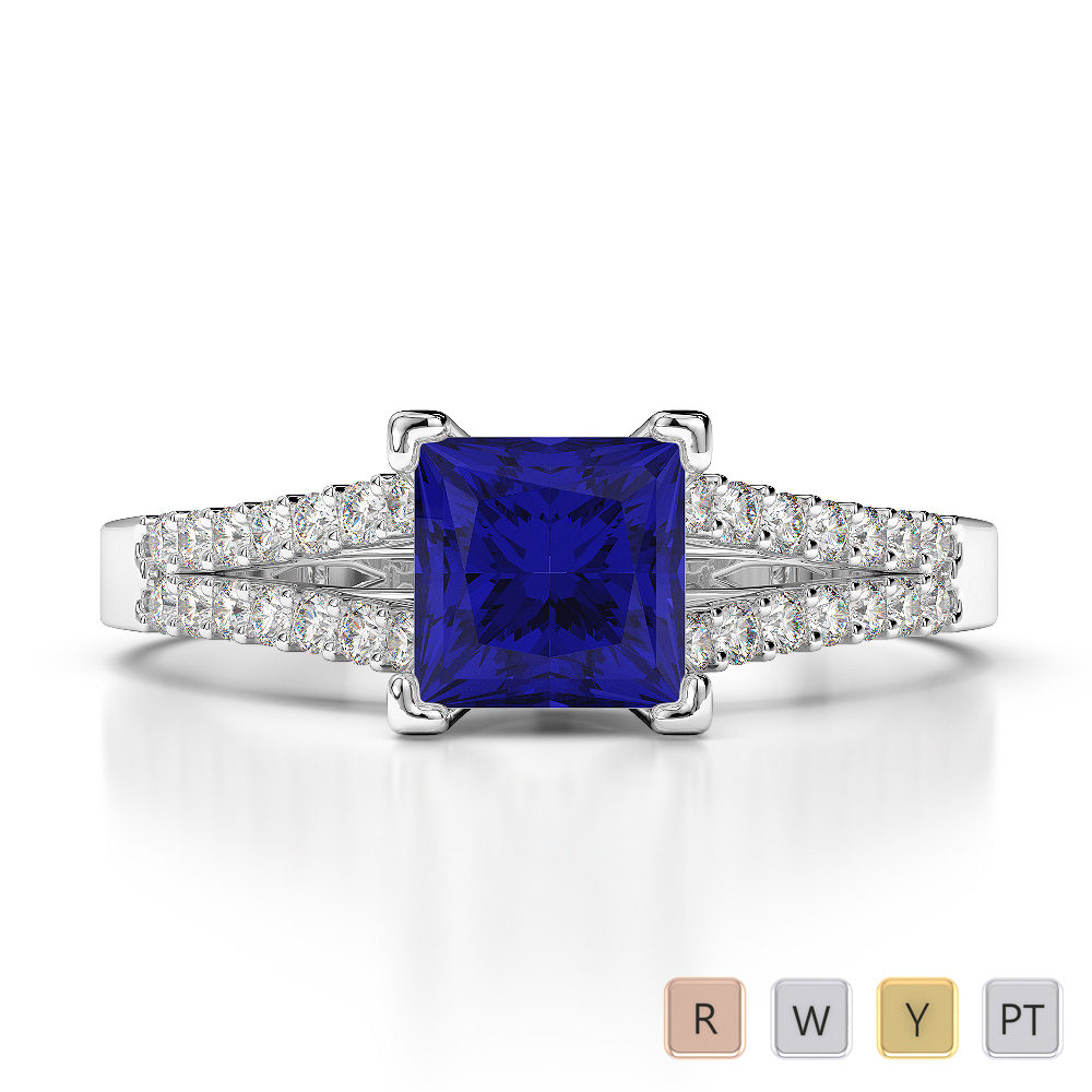Princess Lab Blue Sapphire and Diamond Engagement Ring in Gold / Platinum
