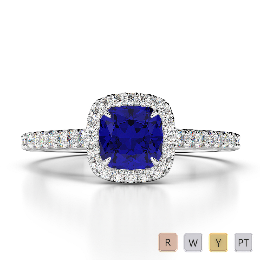 Cushion Lab Blue Sapphire and Diamond Engagement Ring in Gold / Platinum