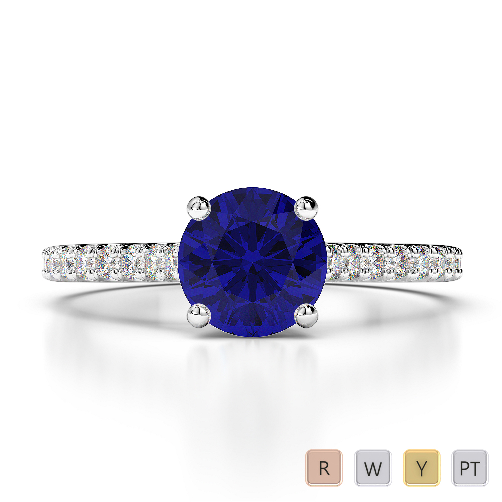 Round Lab Blue Sapphire and Diamond Engagement Ring in Gold / Platinum
