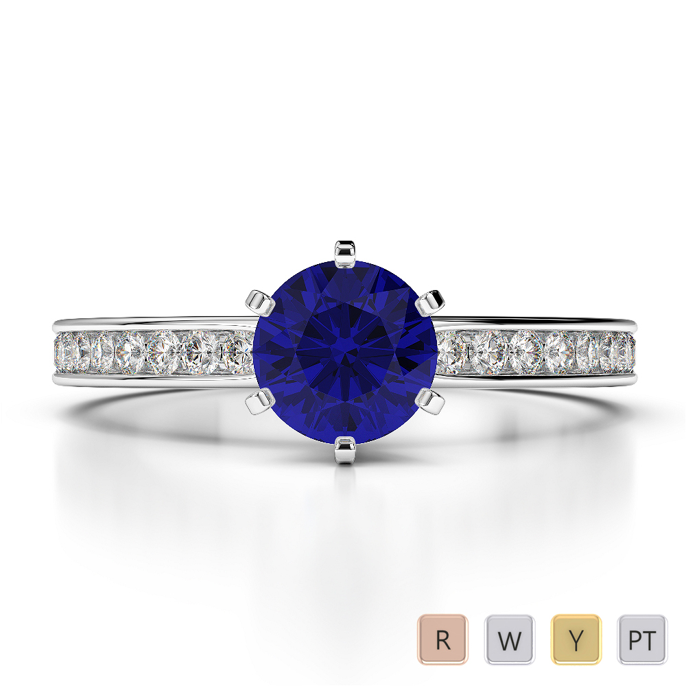 Round Lab Blue Sapphire and Diamond Engagement Ring in Gold / Platinum