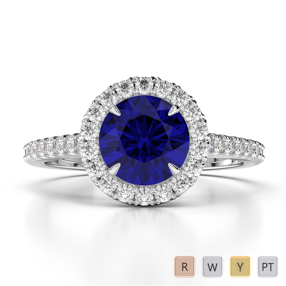 Round Lab Blue Sapphire and Diamond Engagement Ring in Gold / Platinum