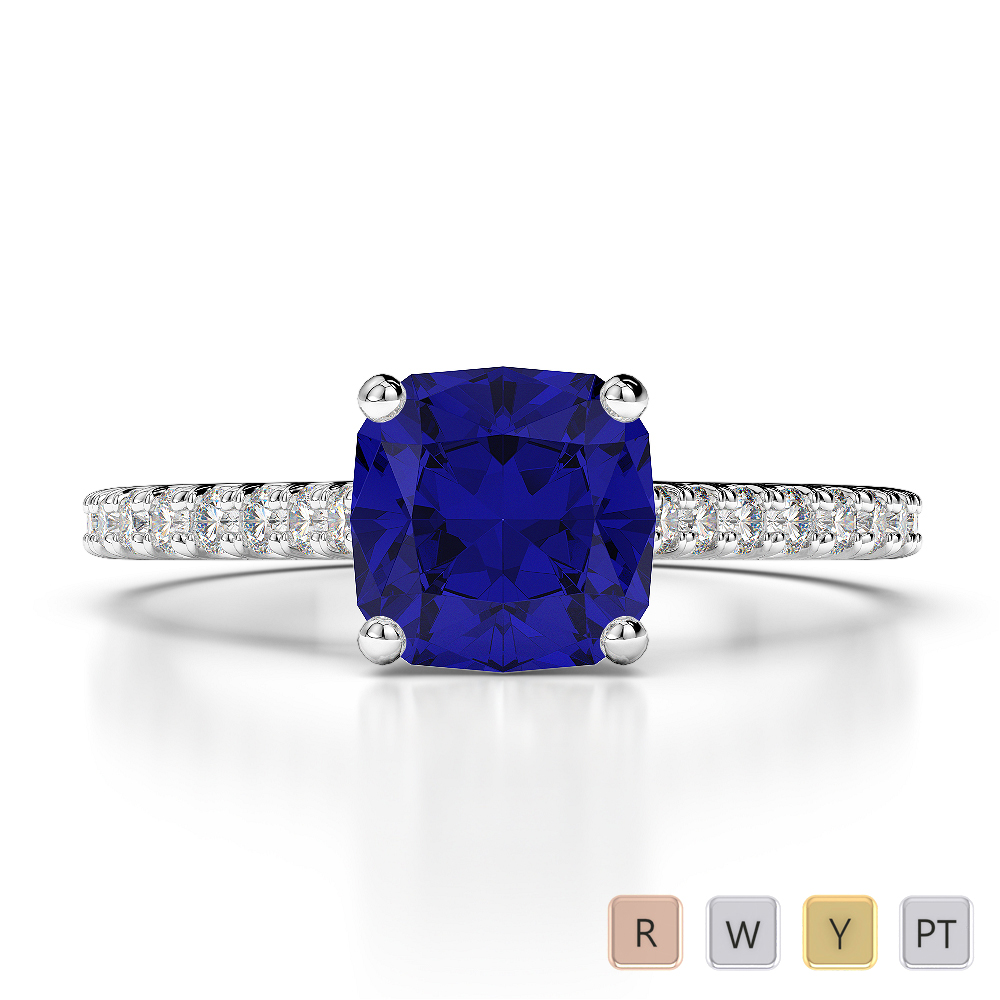 Cushion Lab Blue Sapphire and Diamond Engagement Ring in Gold / Platinum