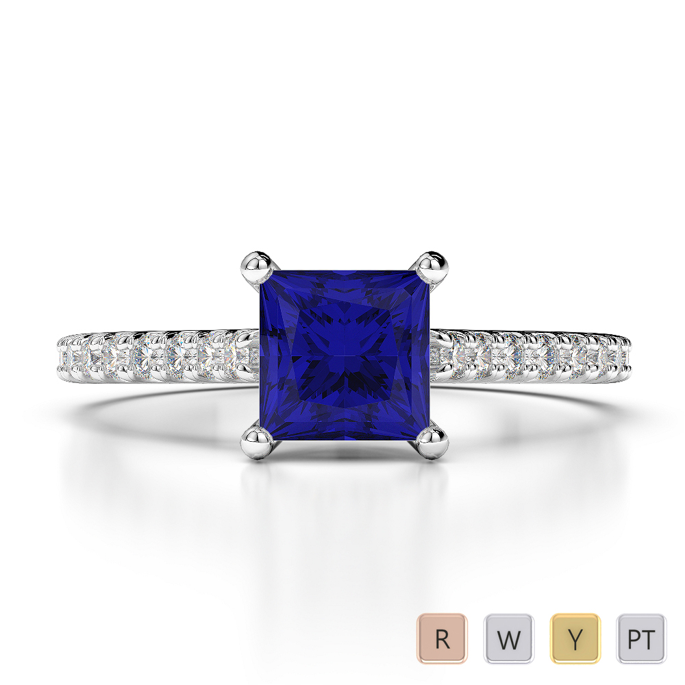 Princess Lab Blue Sapphire and Diamond Engagement Ring in Gold / Platinum