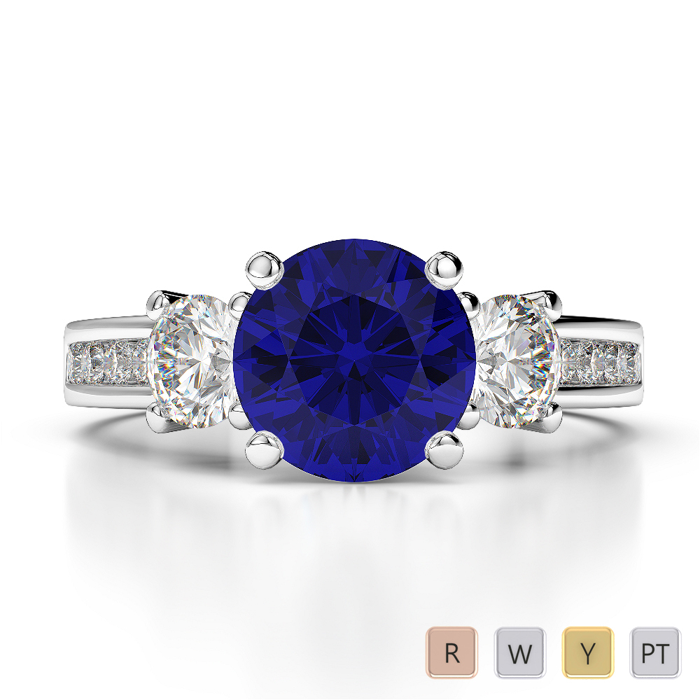 Round Lab Blue Sapphire and Diamond Engagement Ring in Gold / Platinum